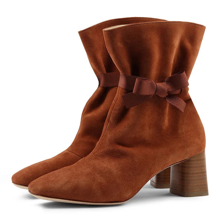 Caramel Vegan Suede Ankle Boots Square Toe Chunky Heel Bow Booties |FSJ Shoes
