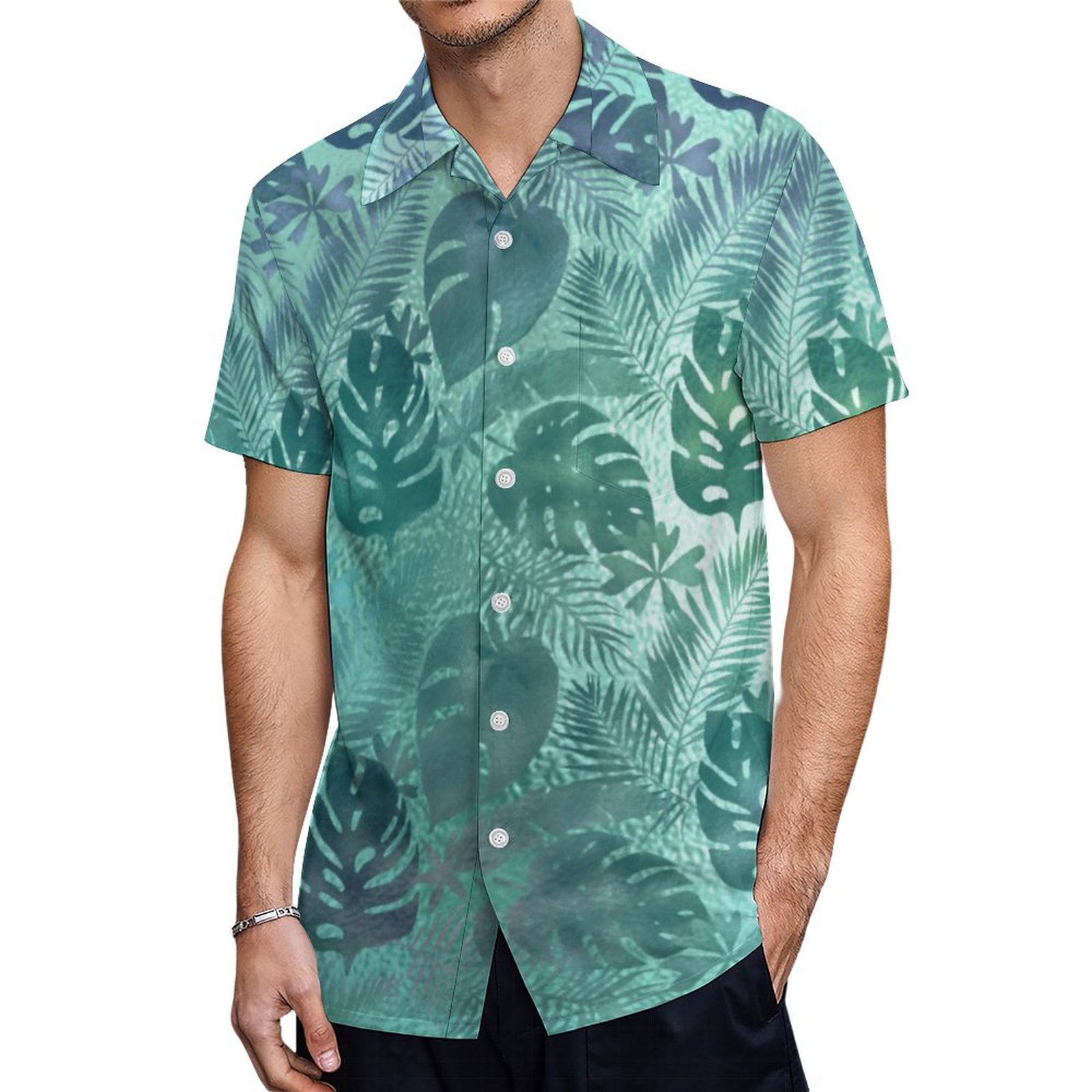 Tropical Leaf Pattern Shimmering Blue Green Hawaiian Shirt Mens Button Down Tropical Hawaii Beach Shirts
