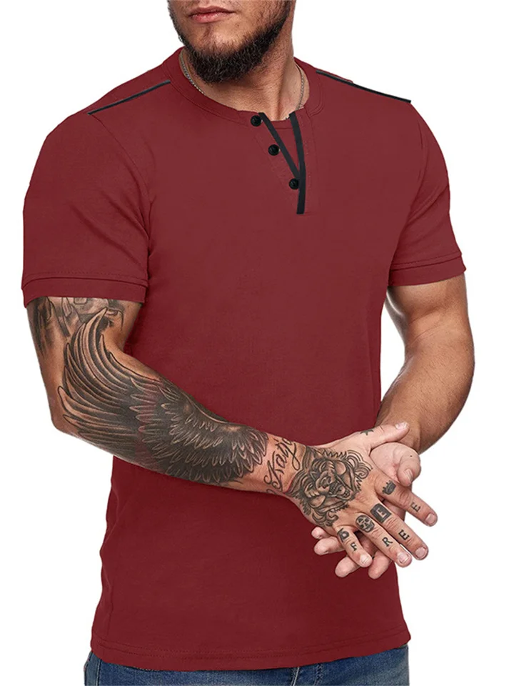 Summer New Men's Short-sleeved Fashion Urban Collarless Pullover T-shirt Clothing V-neck Henry Solid Color T-shirt X Slim-type Men | 168DEAL