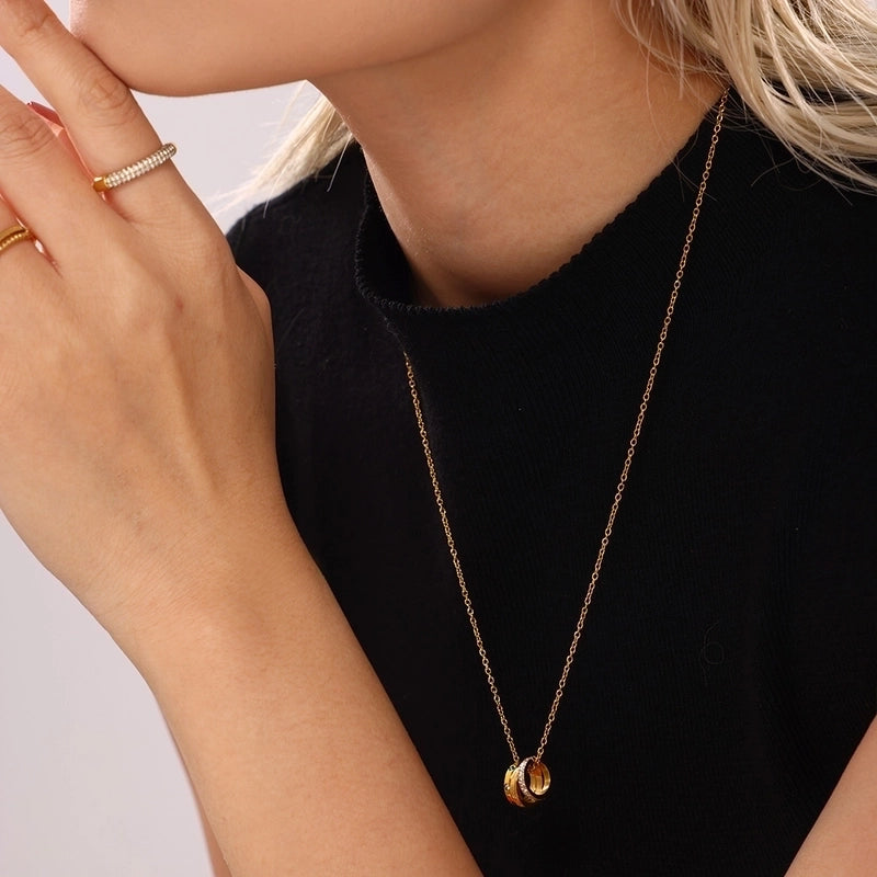 Elegant Classic Style Three Rings Letter 304 Stainless Steel Zircon 18K Gold Plated Pendant Necklace