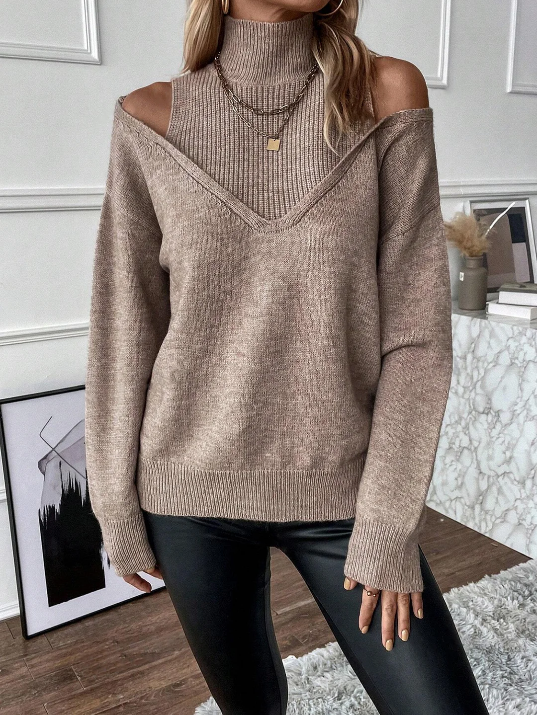 Nigikala Nigikala And Winter Women's Knitted Shoulder Half-High-Neck Solid Color Thread Temperament Casual Sweater