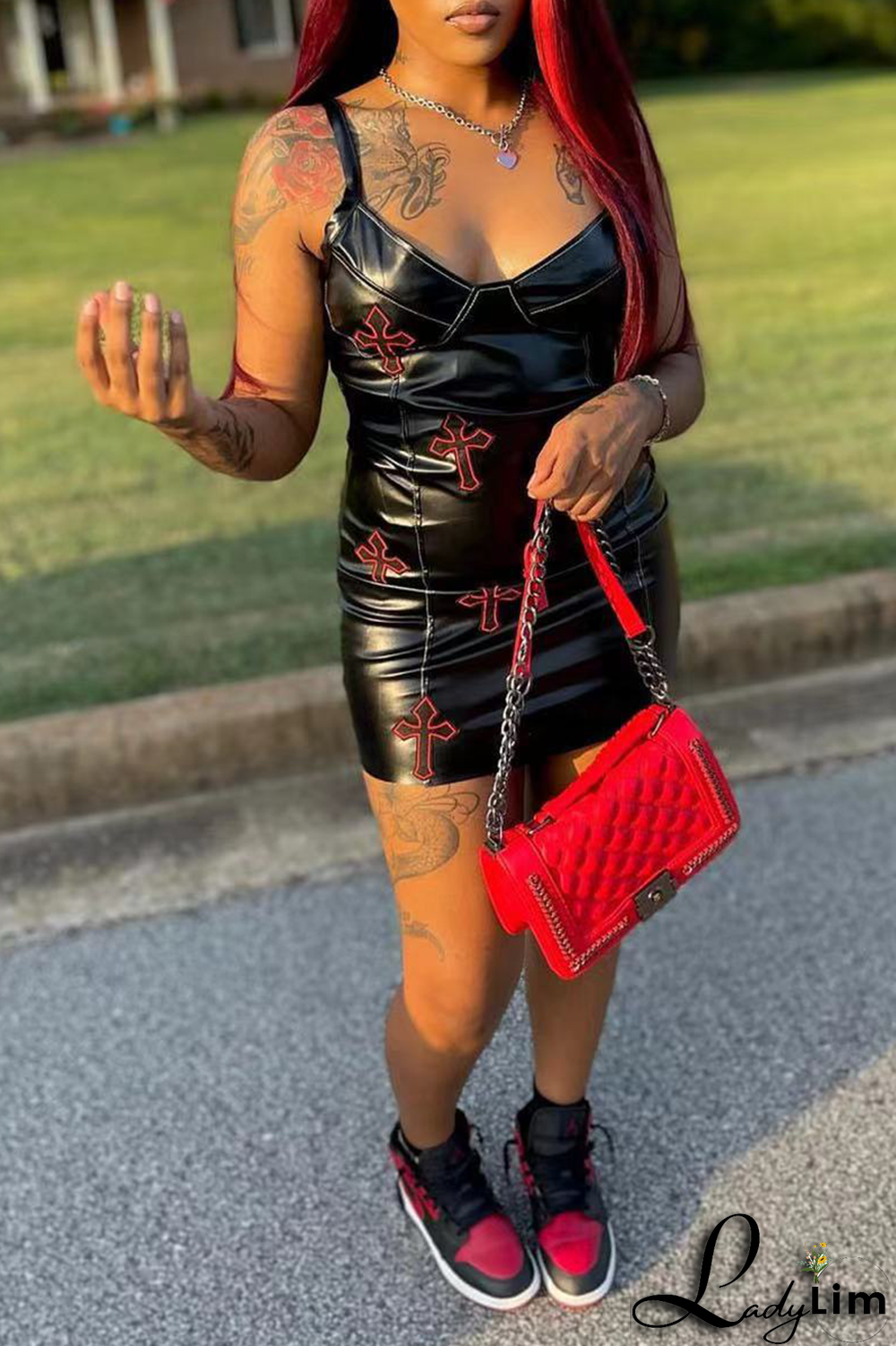 Black Sexy Character Patchwork Spaghetti Strap Pencil Skirt Dresses