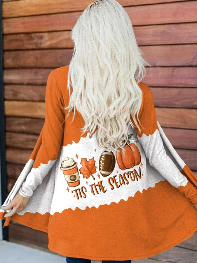 🔥Buy 3 Get 10% Off🔥Retro Color Contrast Football Tis The Season Pumpkin Maple Leaf Print Long Sleeve Cardigan