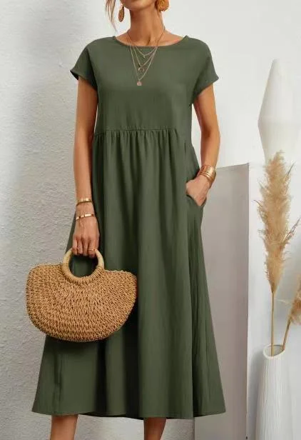 Uveng Uveng Solid Color Sleeveless Loose Cotton Into Pocket Dress