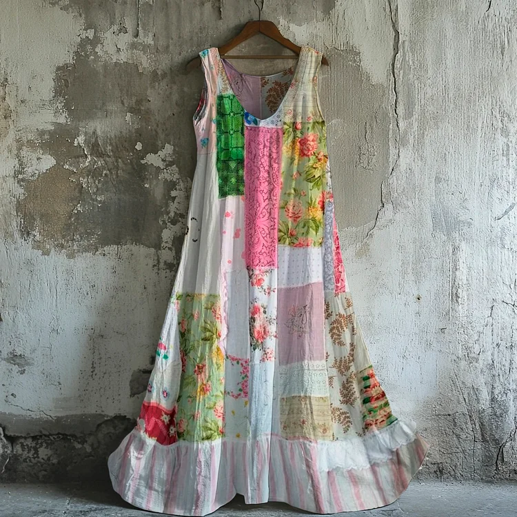 Boho Vintage Floral Women's Linen Vest Maxi Dress