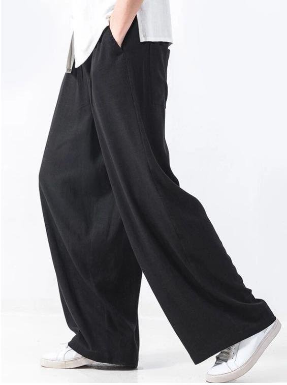 Men's cotton solid loose elastic elastic waist linen casual wide-leg pants