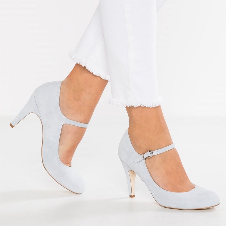 3 inch Heels Light Grey Mary Jane Shoes Round Toe Pumps|FSJshoes