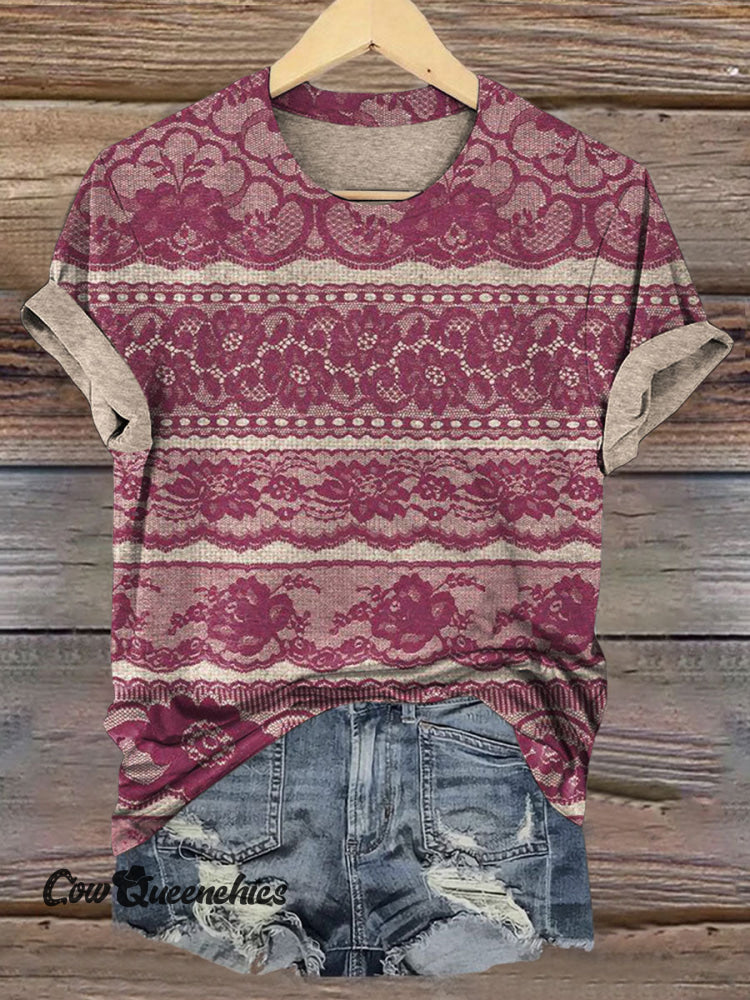 Elegant Lace Flowers Print Casual T-shirt Multicolor / S
