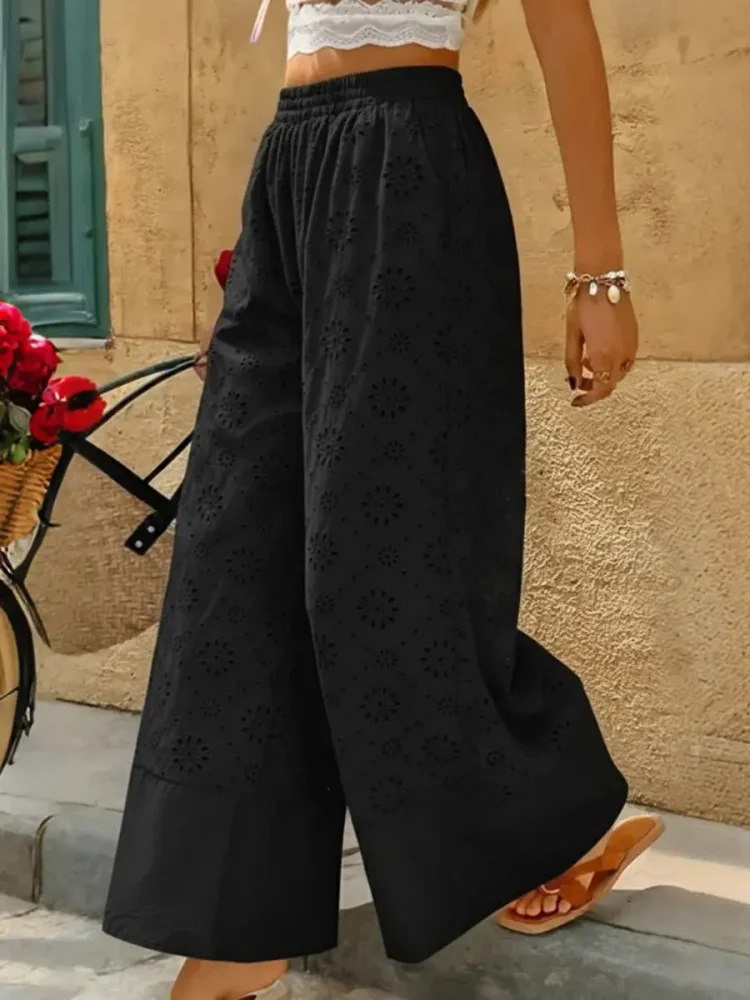 Women's Casual Lace Embroidered Cotton Wide-leg Pants socialshop