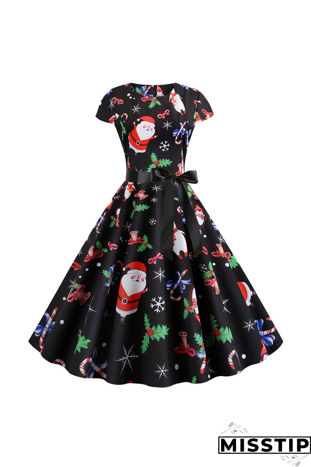 LeafPrint Christmas Short Sleeve Swing Dress