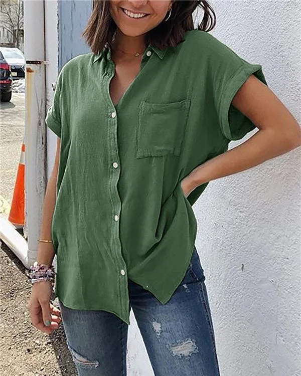 Pockets Short Sleeve Buttoned Down Plus Size Blouses