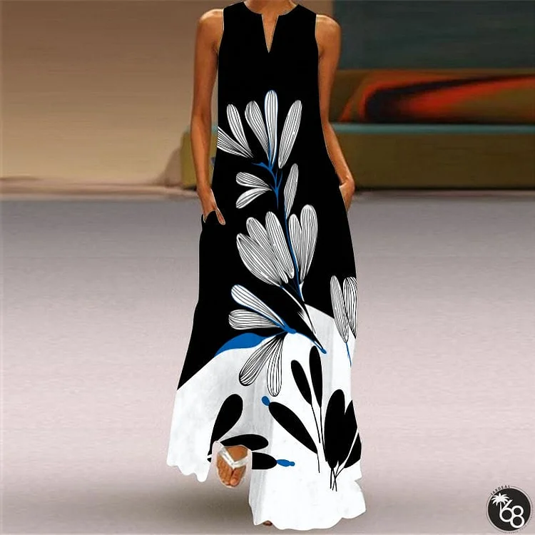 Women's Sleeveless Dress In Summer V-Neck Print Dress White Dresses | 168DEAL