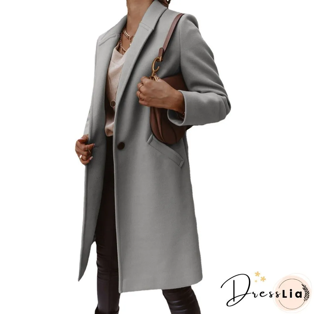 New Autumn And Winter Solid Color Lapel Mid-length Button Woolen Coat Women's Coat Winter Jacket Women