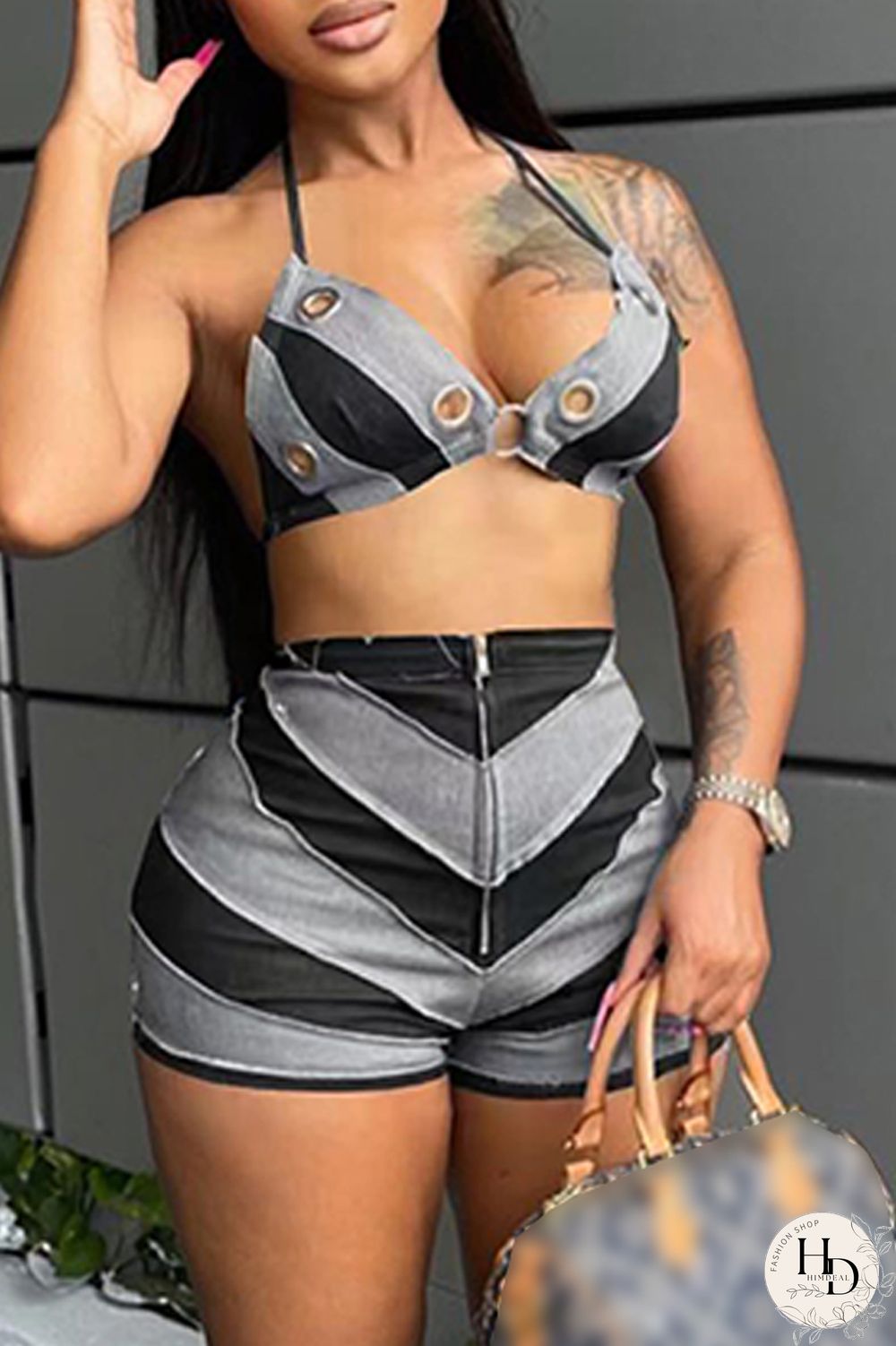 Black Gray Sexy Patchwork Bandage Hollowed Out Backless Contrast Halter Sleeveless Two Pieces