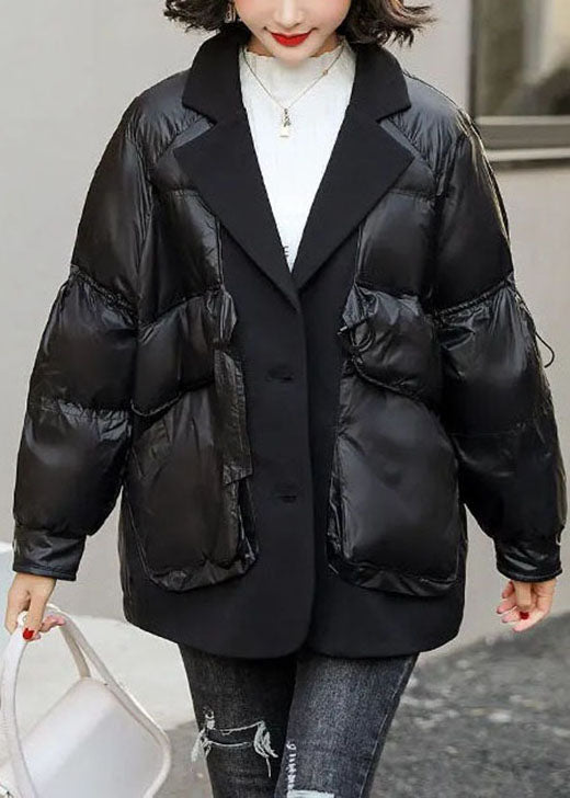 VCSHOES Loose Black Patchwork Pockets drawstring Winter Duck Down Coat