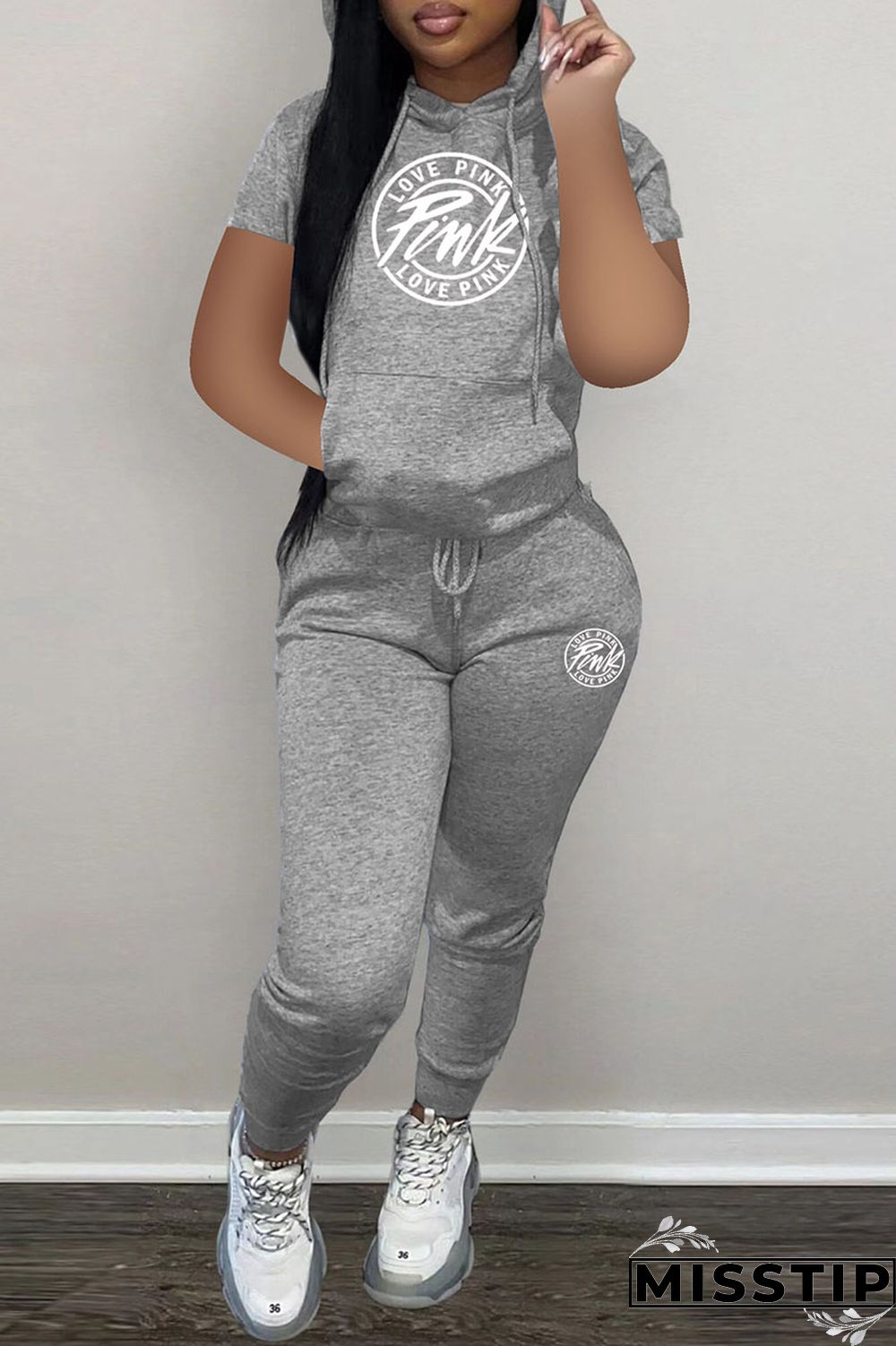 Black Fashion Sportswear Letter Patchwork Hooded Collar Short Sleeve Two Pieces