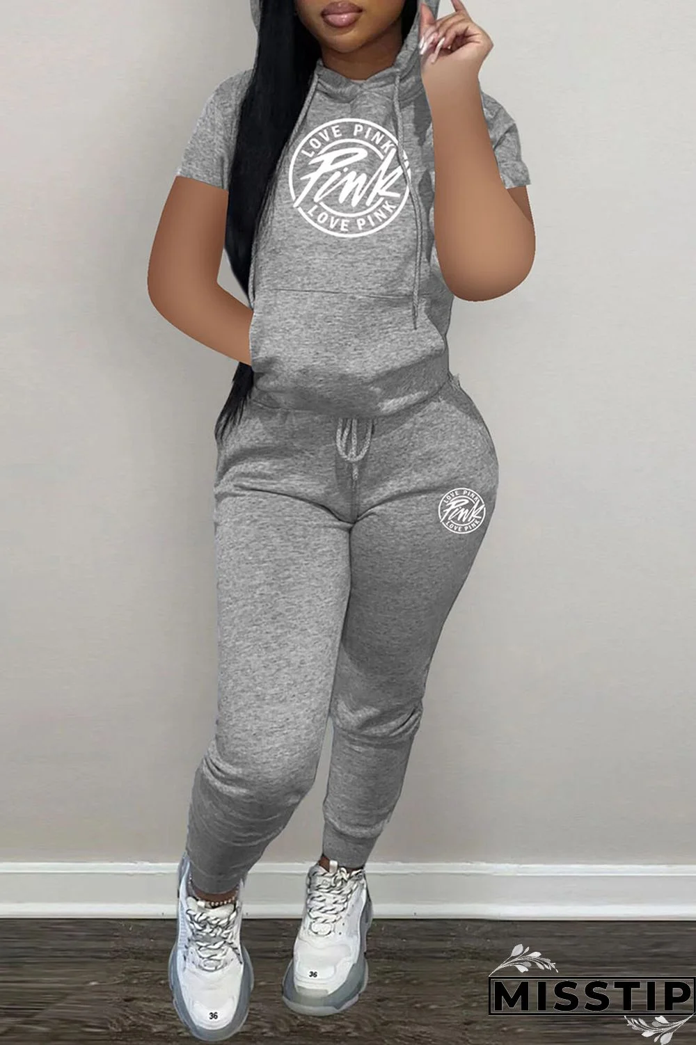 Black Fashion Sportswear Letter Patchwork Hooded Collar Short Sleeve Two Pieces