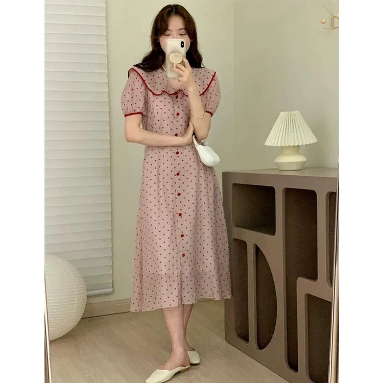 Retro Big Lapel Pink Polka Dots Slim-Fit Puff Sleeve Dress