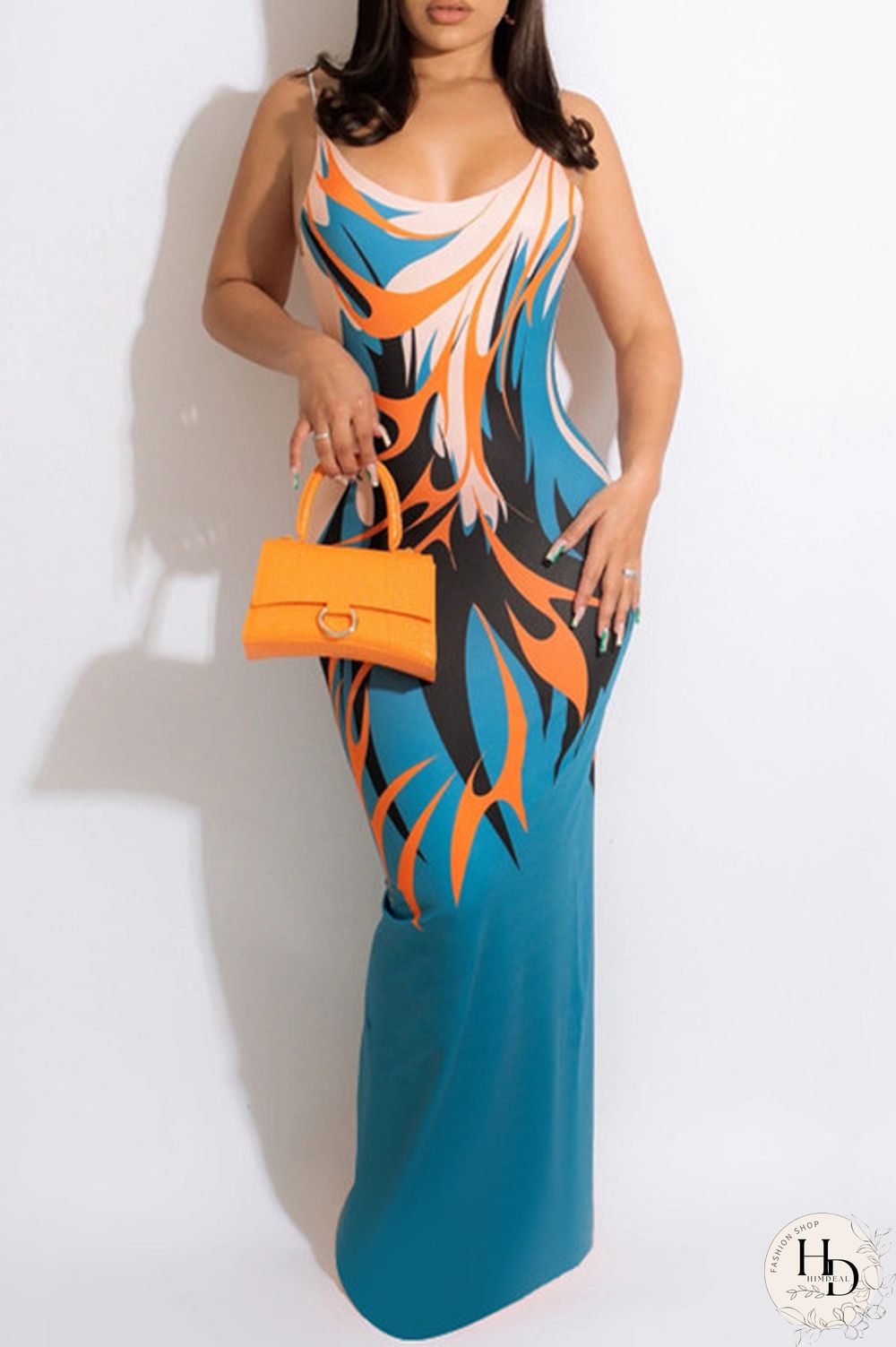 Ginger Fashion Sexy Print Backless Spaghetti Strap Long Dress