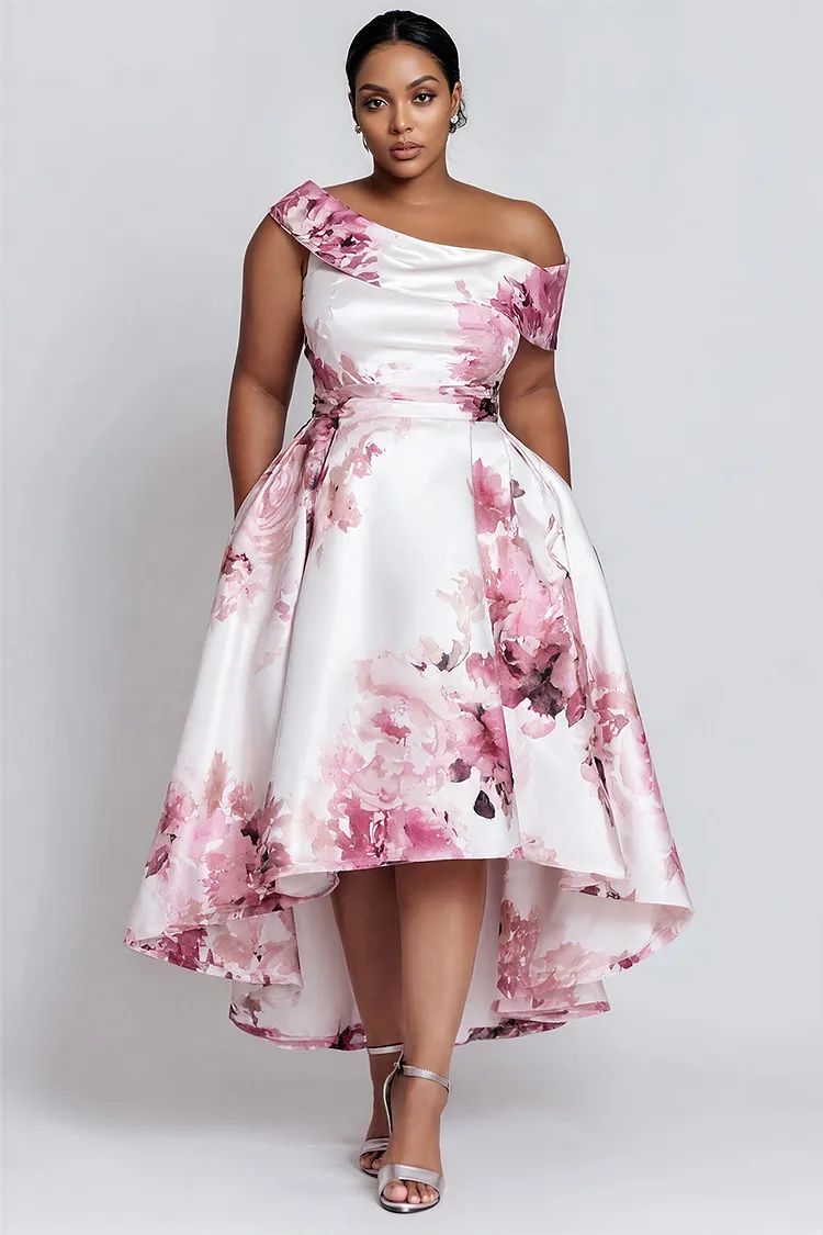Xpluswear Design Plus Size Cocktail Party Pink Floral Oblique Collar Short Sleeve Pocket Asymmetric Hem Satin Midi Dresses [Pre-Order] 2024 - Xpluswear