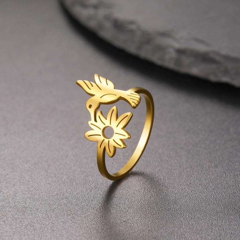 Cute Flower Bird 304 Stainless Steel 18K Gold Plated Hollow Out Rings