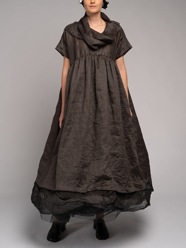 Loose Short Sleeves Ruched Neck Pleated Maxi Dress