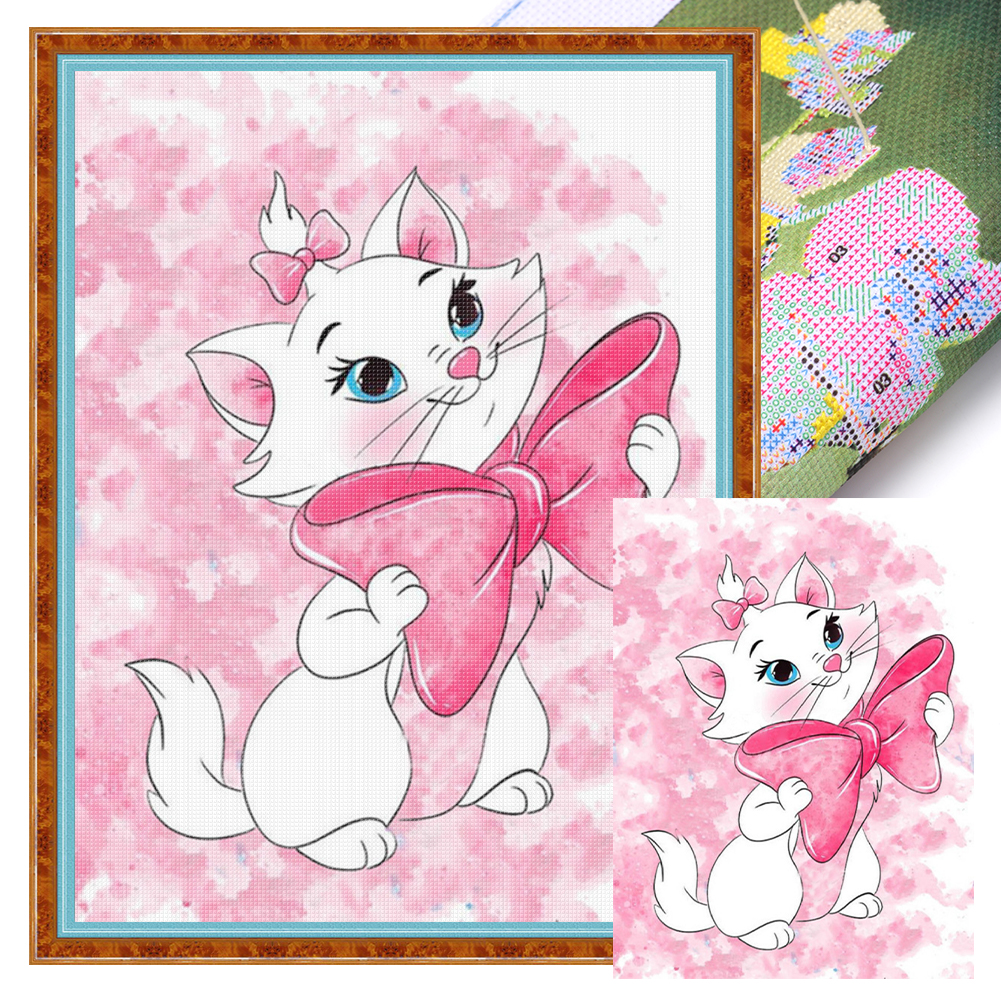White Cat With Bow Full 11CT Pre-stamped Canvas(40*56cm) Cross Stitch