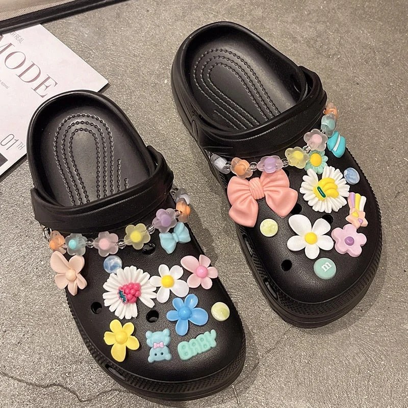 Summer Women Slippers Shoes With Charms Jewelry Garden Shoes Wedges Platform Sandals Antiskid Female Clogs Flip Flops For Woman