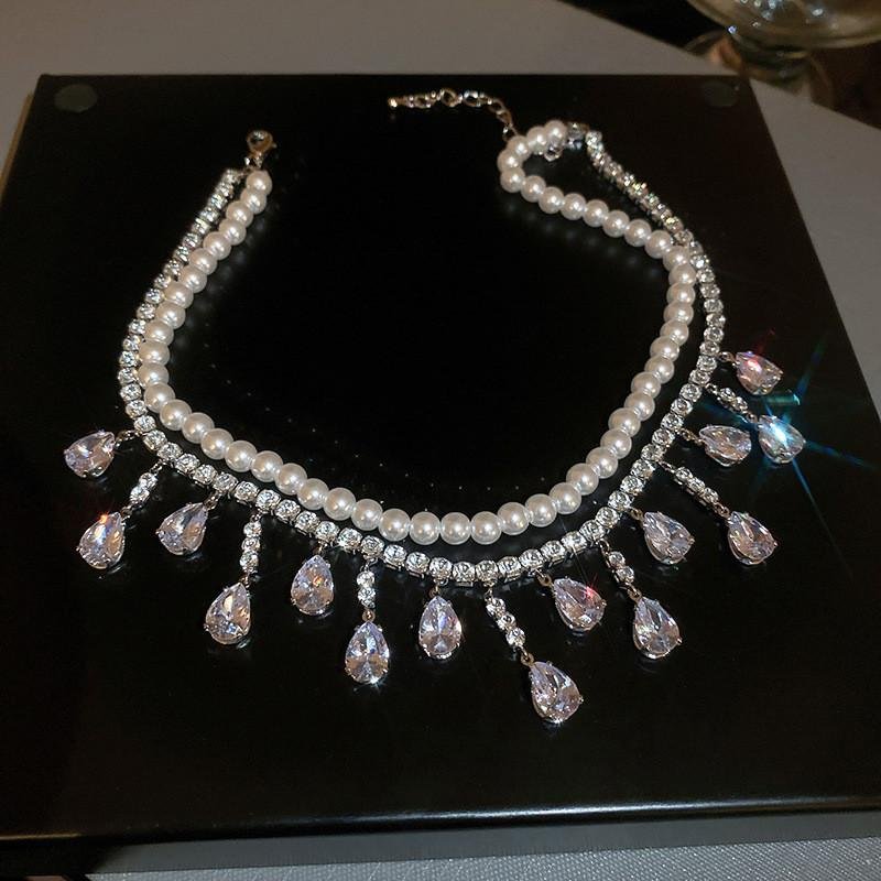 Luxury Pearl Tassel Water Drop Crystal Choker Necklaces for Women