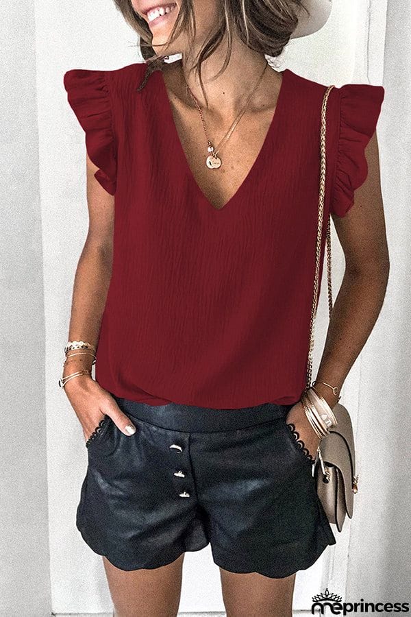 Casual T-shirt Solid V-neck Pullover Ruffle Sleeve Top