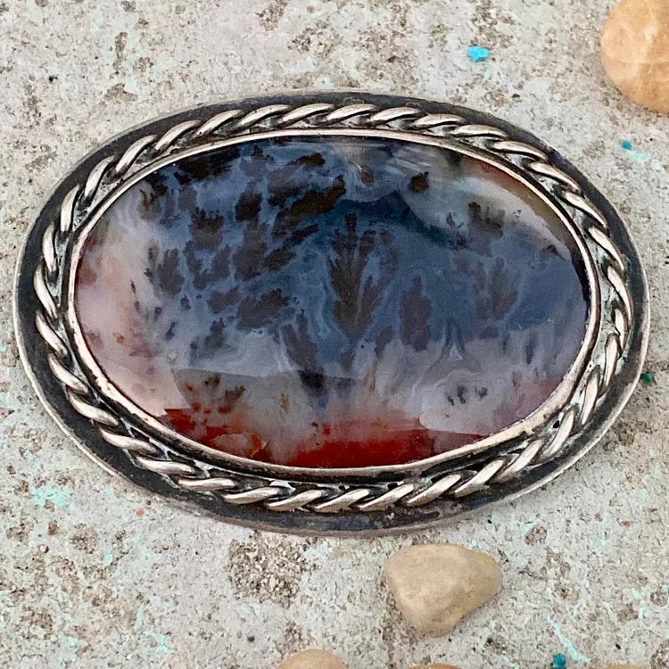Navajo Dendritic Agate Landscape Brooch in Sterling Silver