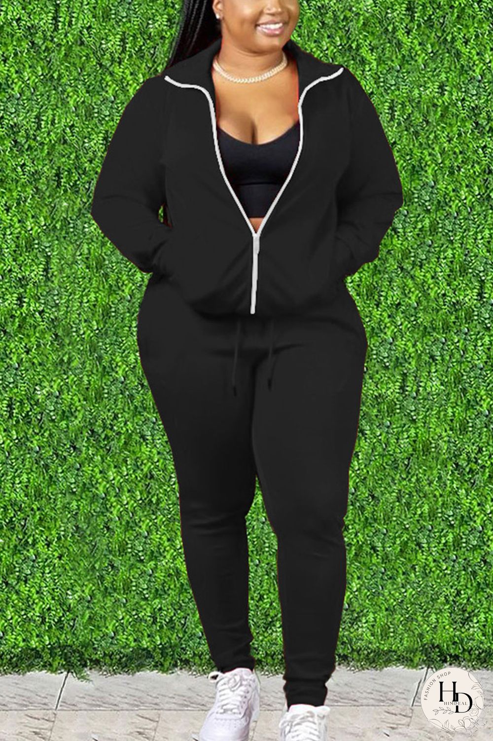 Black Fashion Solid Split Joint Zipper Collar Plus Size