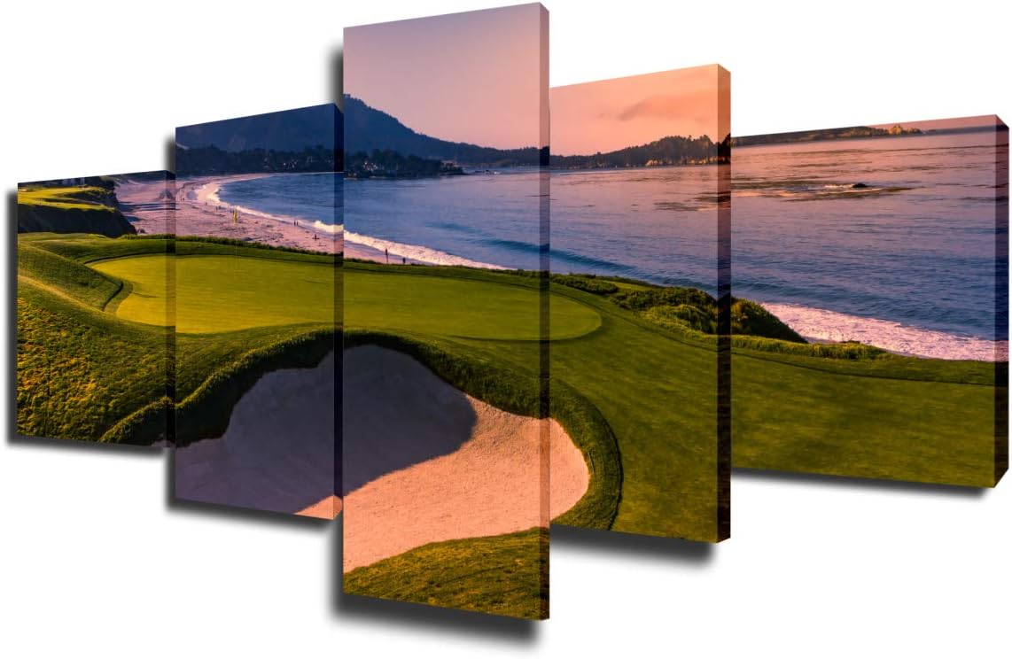 Native America Wall Pictures for Living Room Public Golf Course of Pebble Beach Wall Art 5 Piece Canvas Prints Artwork Giclee GolfingPainting Modern House Decor Framed Ready to Hang Gift(50''Wx24''H) 50&#039;&#039;W x 24&#039;&#039;H