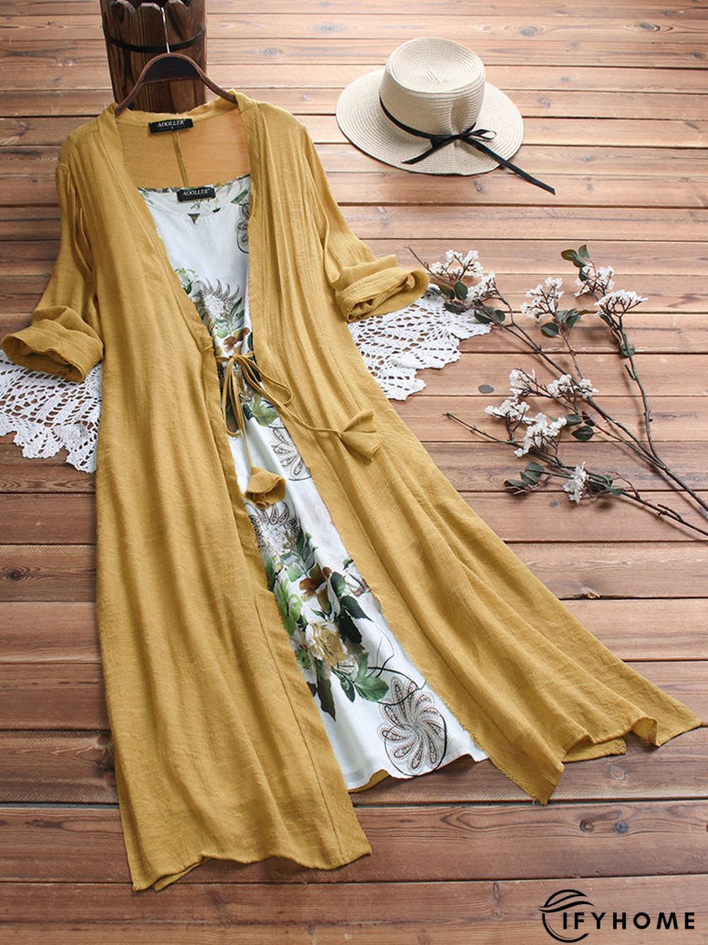 Women Vintage Boho O-Neck Floral Print Lace Two-Piece 3/4 Sleeve Dress | IFYHOME