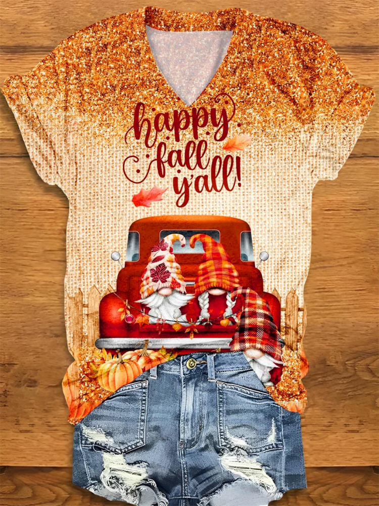 Fall Truck Gnome Print V-Neck T-Shirt artswardrobe