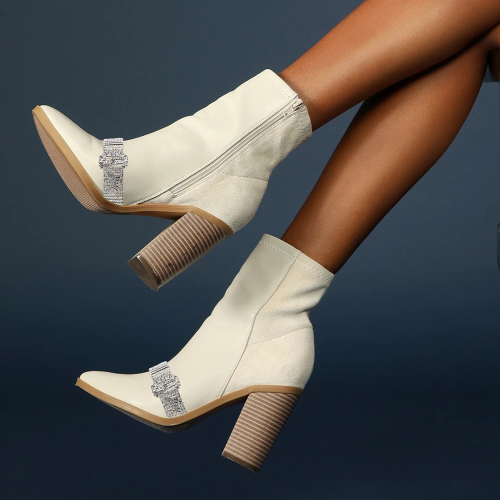 Ivory Closed Toe Rhinestone Buckle Strap Chunky Heel Ankle Boots Nicepairs