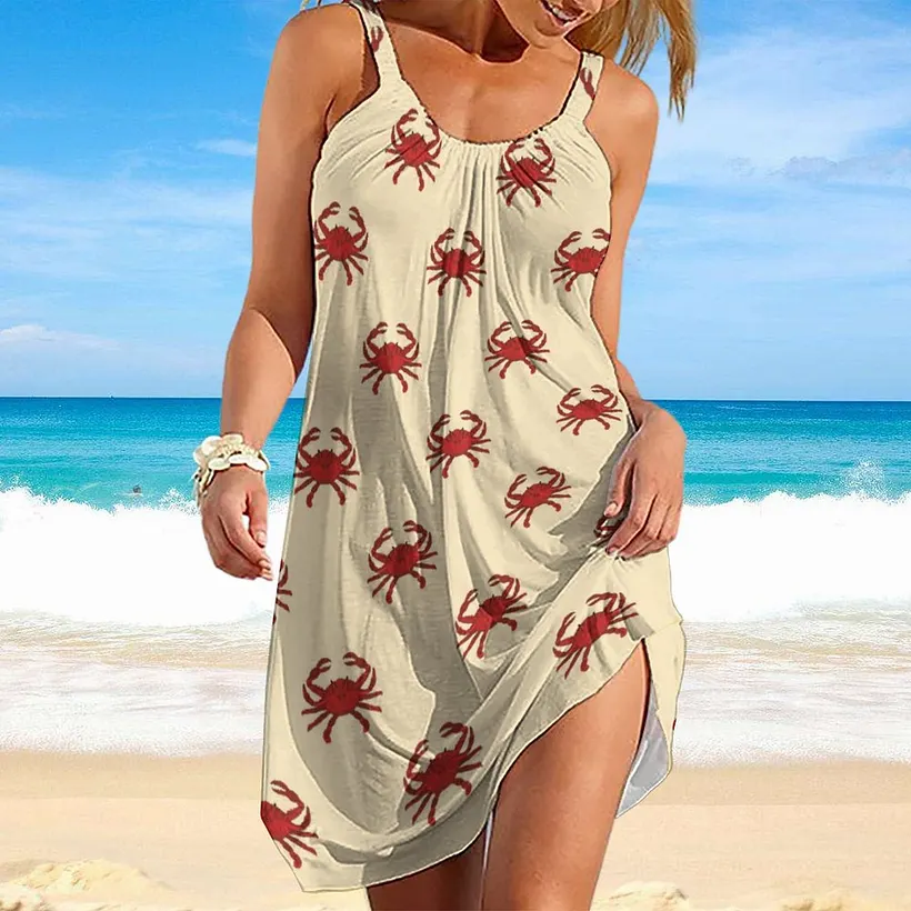 beach knee length dresses SFNEEWHO Nautical Crab Red Cream Illustration Summer Hawaiian Retro Casual Sling Sleeveless Printed Dress sewing buttons