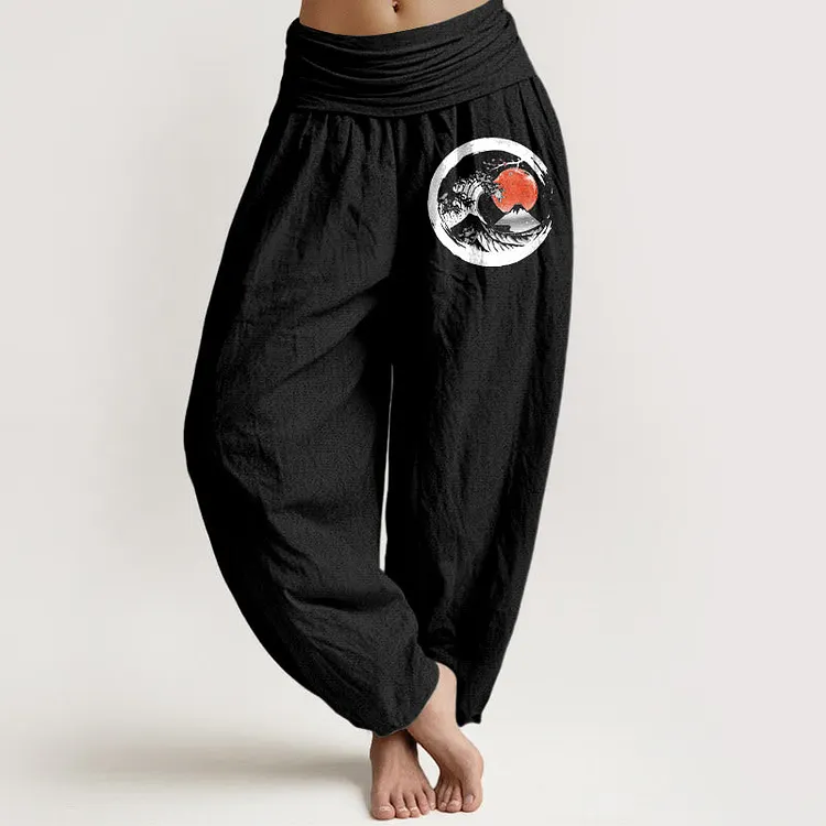 Wave Sun Mountains Pattern Women's Elastic Waist Harem Pure Cotton Pants