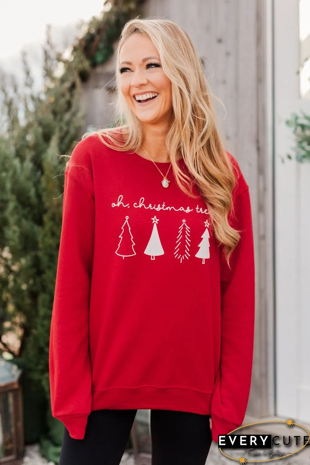 Red Christmas Tree Letter Graphic Print Long Sleeve Sweatshirt