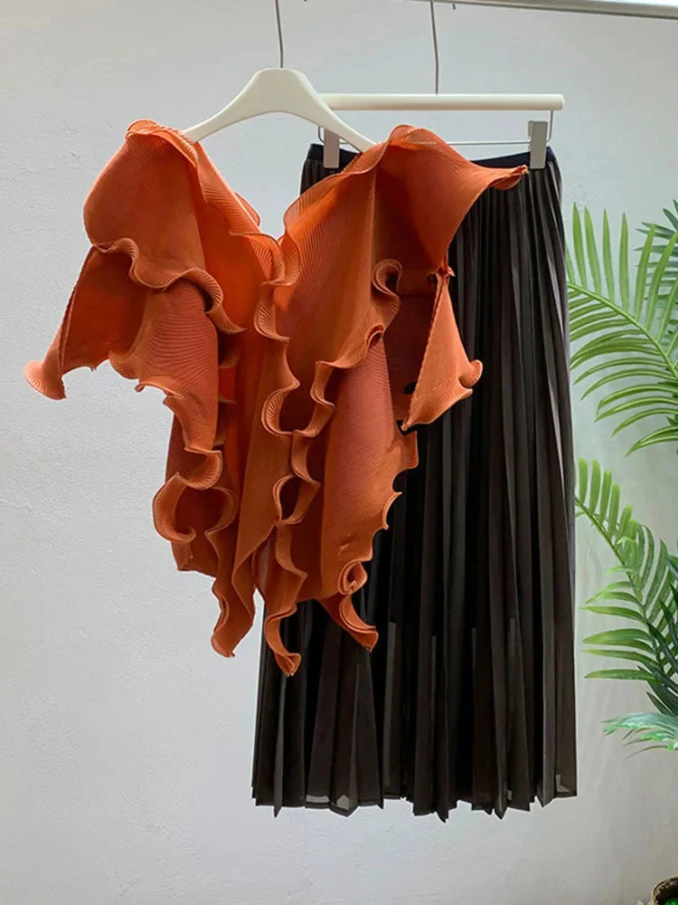 Art Orange V-neck Fungus Edge Lace-up Flying Sleeve Top And Contrast Color A-line Pleated Skirt Set