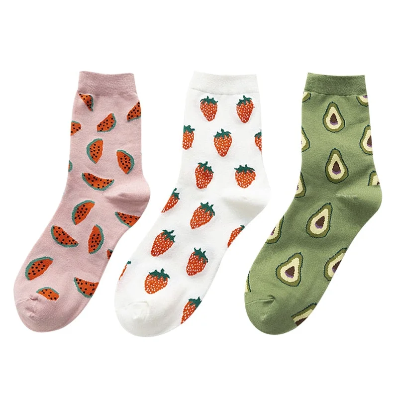 3 Pairs New Cartoon Fruit Cotton Socks Women Strawberry Avocado Lemon Korean Color Harajuku Warm Long Crew Socks Novelty 2020