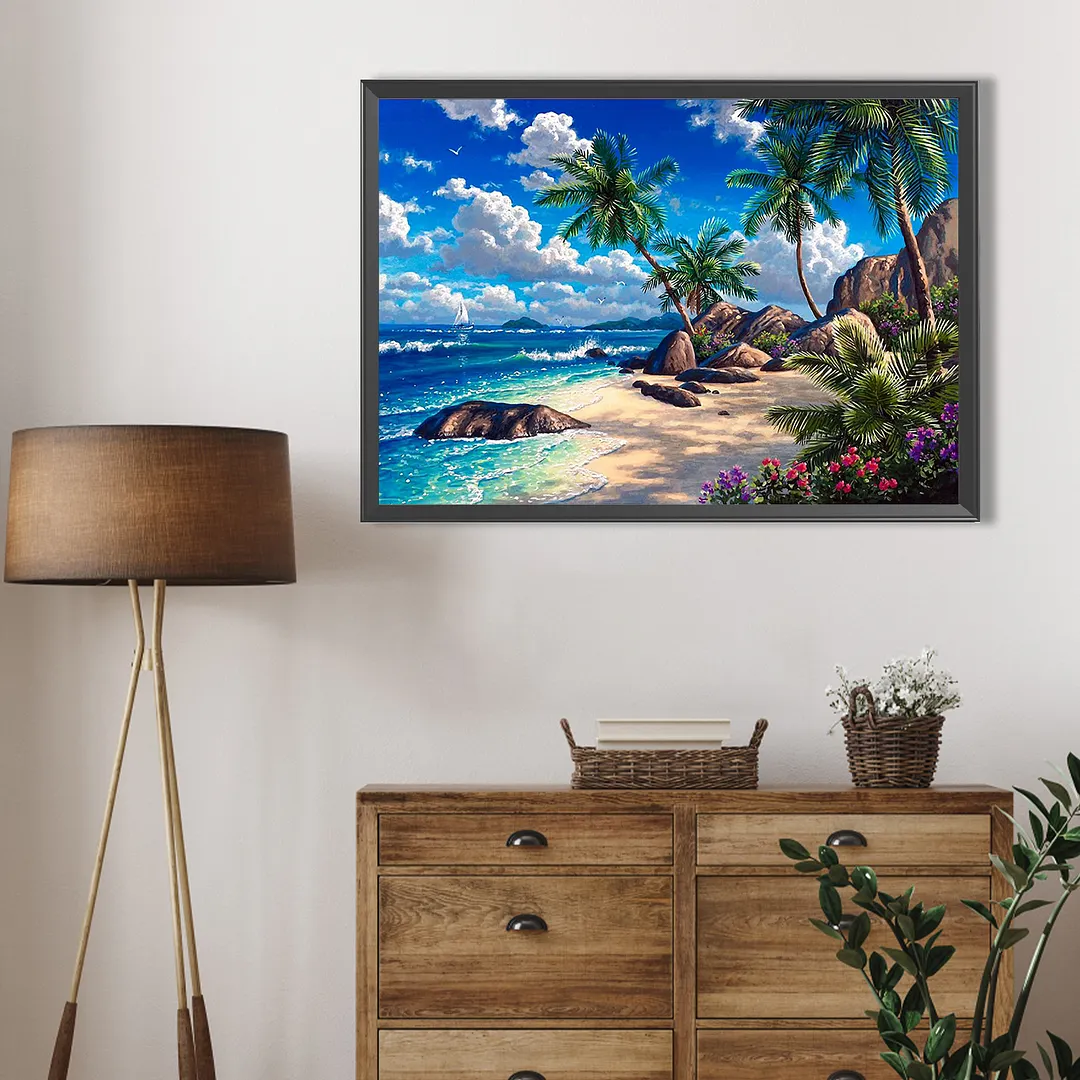 Beach Full DIY 5D Round Drill Diamond Painting Kits for Adults/Beginners Gift Idea Home Wall Decor Diamond Dots Paintings Picture Arts Craft 50x40cm