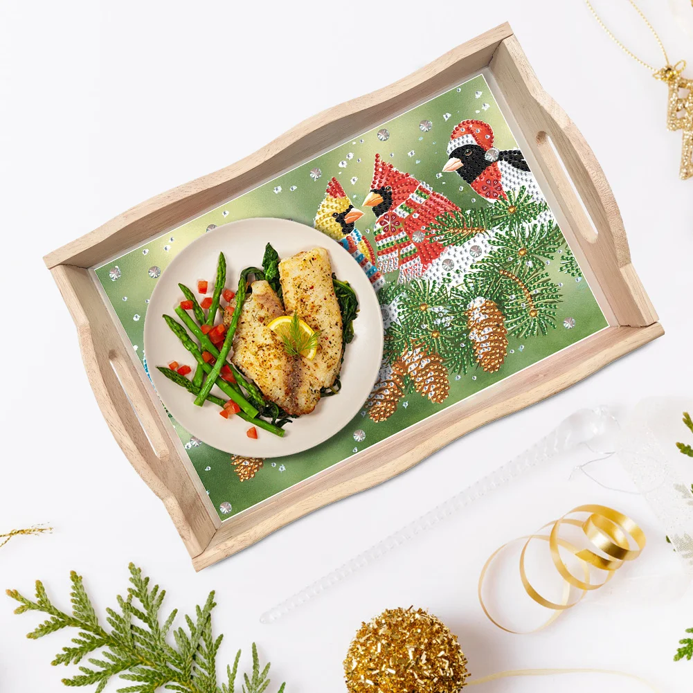 DIY Christmas Cardinal Diamond Painting Wooden Serving Tray Home Decoration