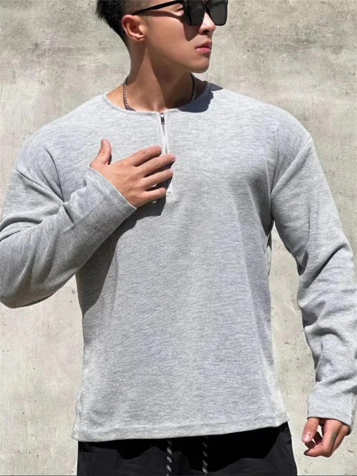 Men's Pullover Long Sleeve Half Zip Waffle Top Sports Casual American Design T-Shirt Trendy Solid Color Long Sleeve-Cosfine