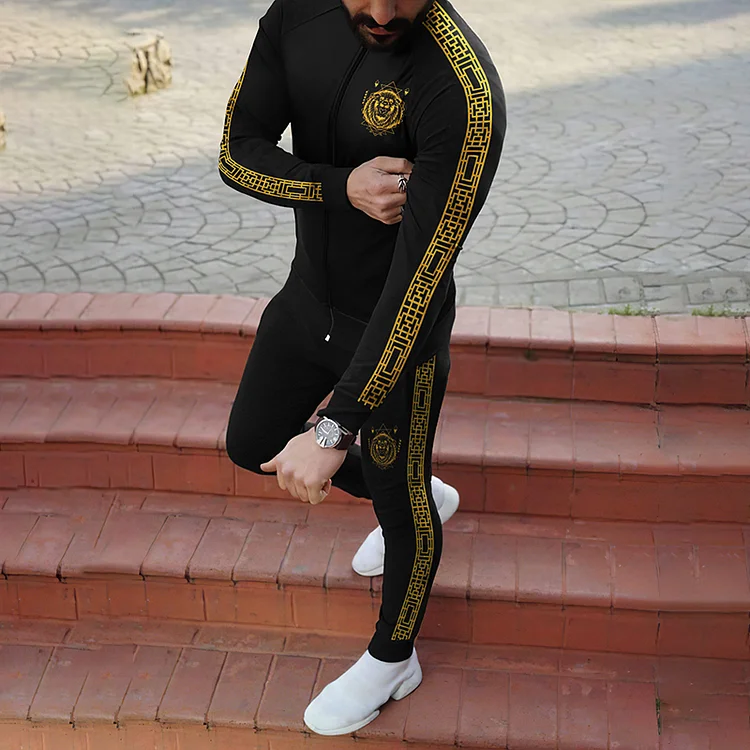 BrosWear Men'S Lion Sleeve Gold Trim Print Zipper Jacket And Pants