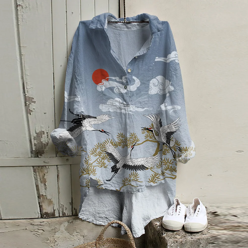 Women'S Japanese Cranes Art Cotton And Linen Button Casual Shirt