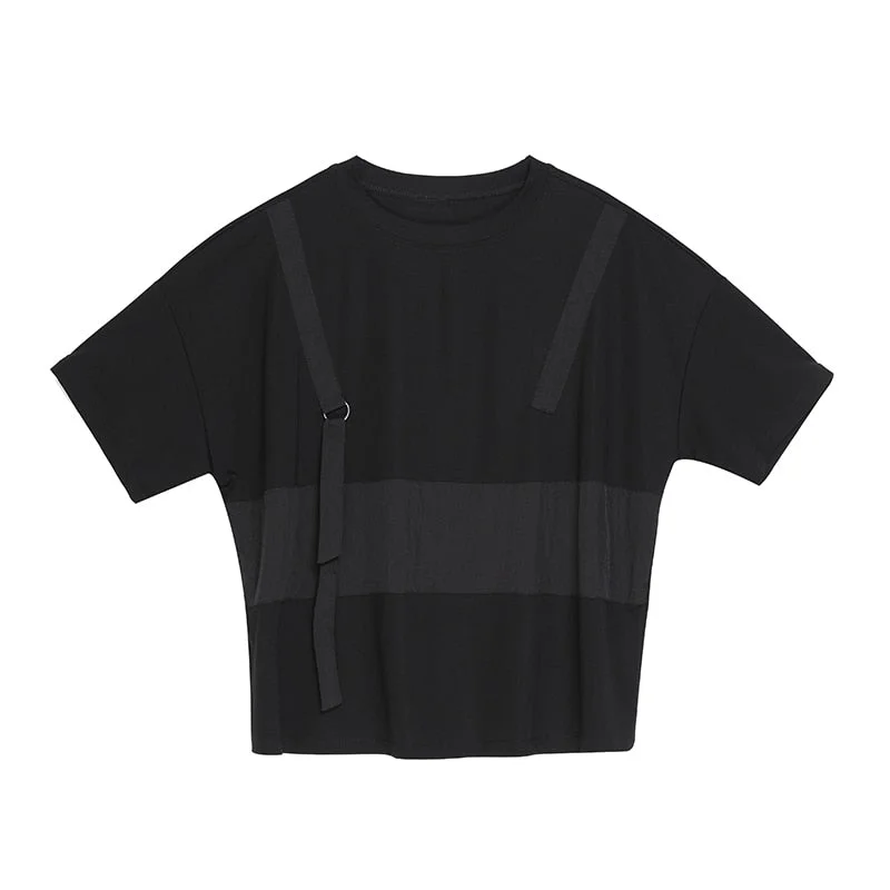 [EAM] Women Black Contrast Color Split Big Size T-shirt New Round Neck Half Sleeve  Fashion Tide  Spring Summer 2021 1U136