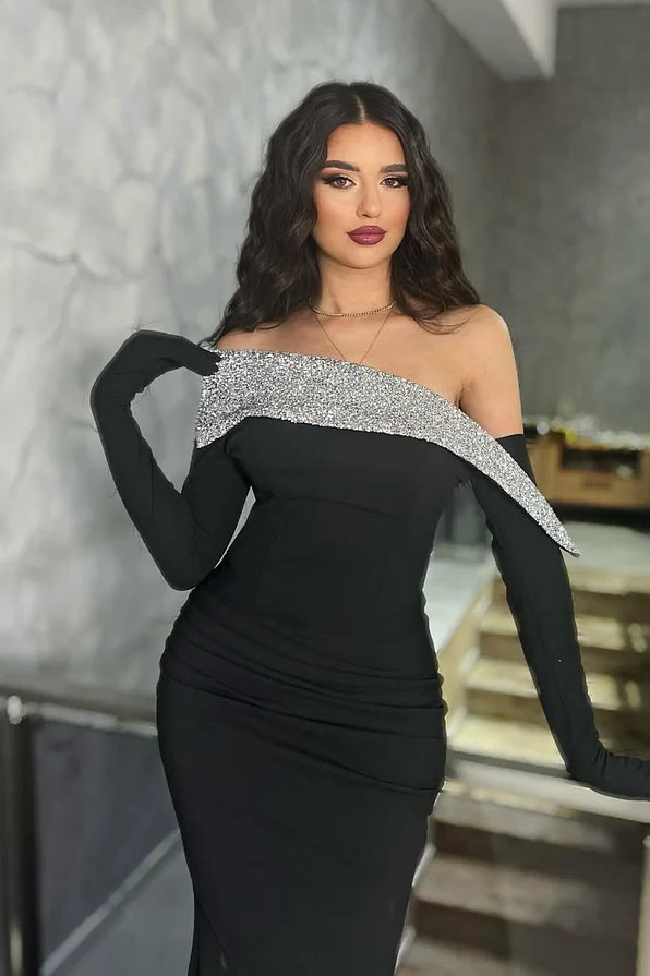 Daisda Black Long Sleeves Strapless Mermaid Beads Prom Dress