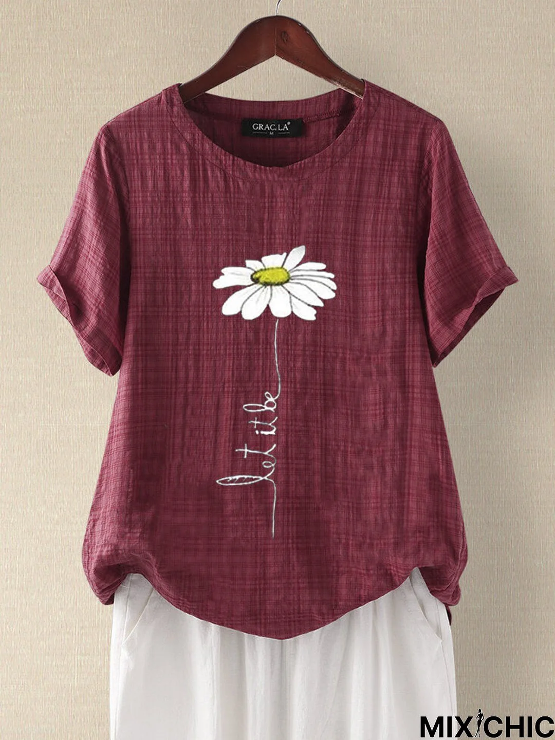 Fuchsia Casual Floral-Print Cotton T-shirt