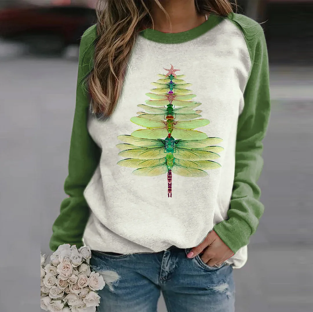 Dragonfly Design Christmas Tree Women Green Halloween Sweatshirt